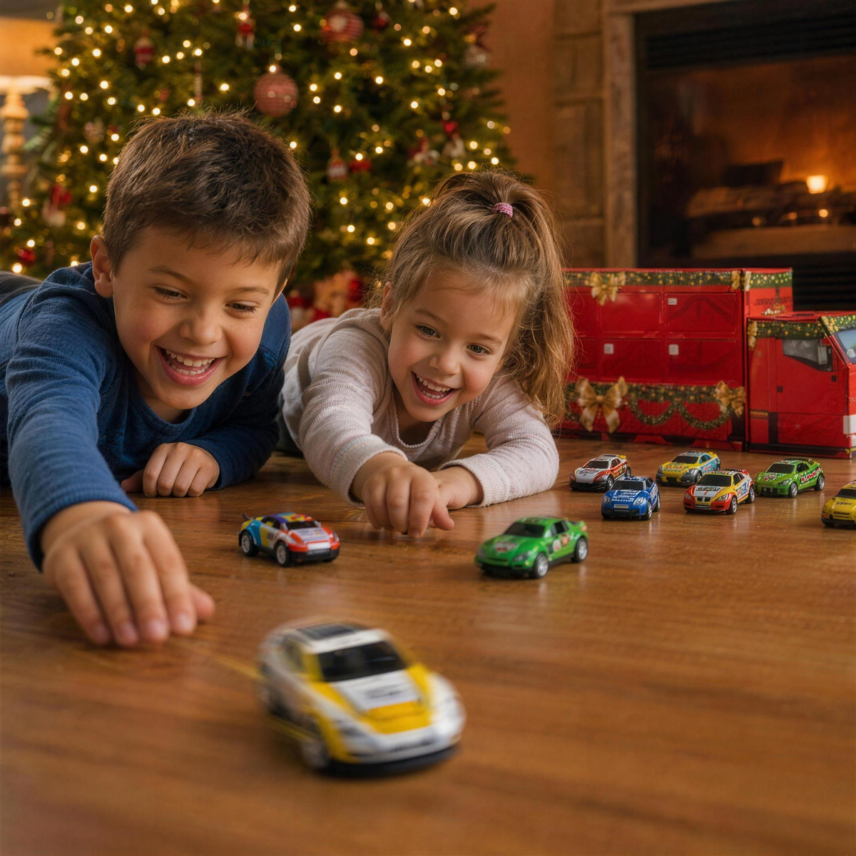 Kids racing pull-back cars by the Christmas tree