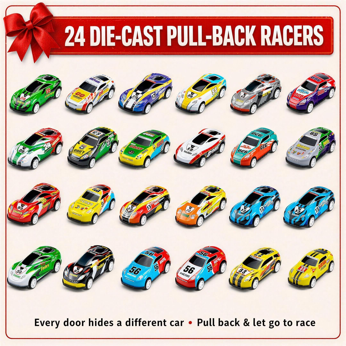 All 24 die-cast pull-back racers included