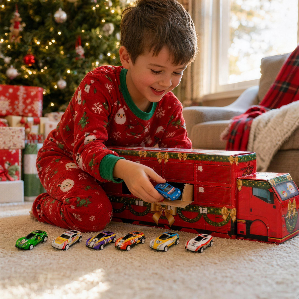 Boy opening door 12 of the Advent Racers Calendar on Christmas morning