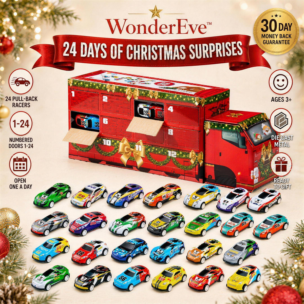 WonderEve Advent Racers Calendar – 24 days of Christmas surprises, 24 die-cast pull-back cars