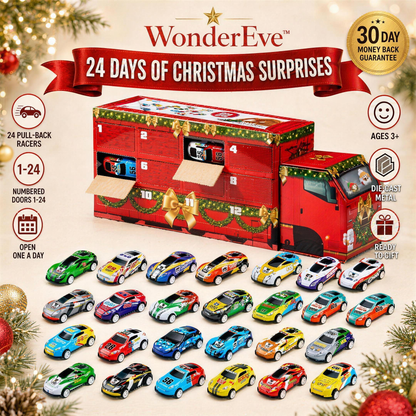 WonderEve Advent Racers Calendar – 24 days of Christmas surprises, 24 die-cast pull-back cars